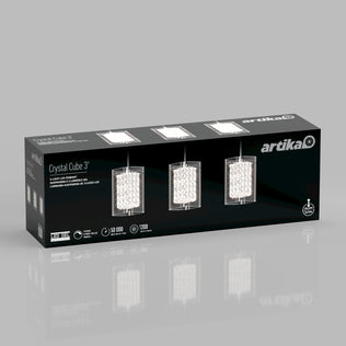 Artika Crystal Cube 3-light LED pendant light packaging showcases three crystal pendants on a black box, with LED features and specs highlighted in white text.