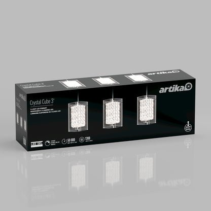 Artika Crystal Cube 3-light LED pendant light packaging showcases three crystal pendants on a black box, with LED features and specs highlighted in white text.