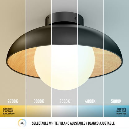 The Artika Boden LED flush mount light offers 5 selectable color temperatures (2700K–5000K), displayed in vertical segments. Text: Selectable White, Blanc sélectionnable, Blanco seleccionable.