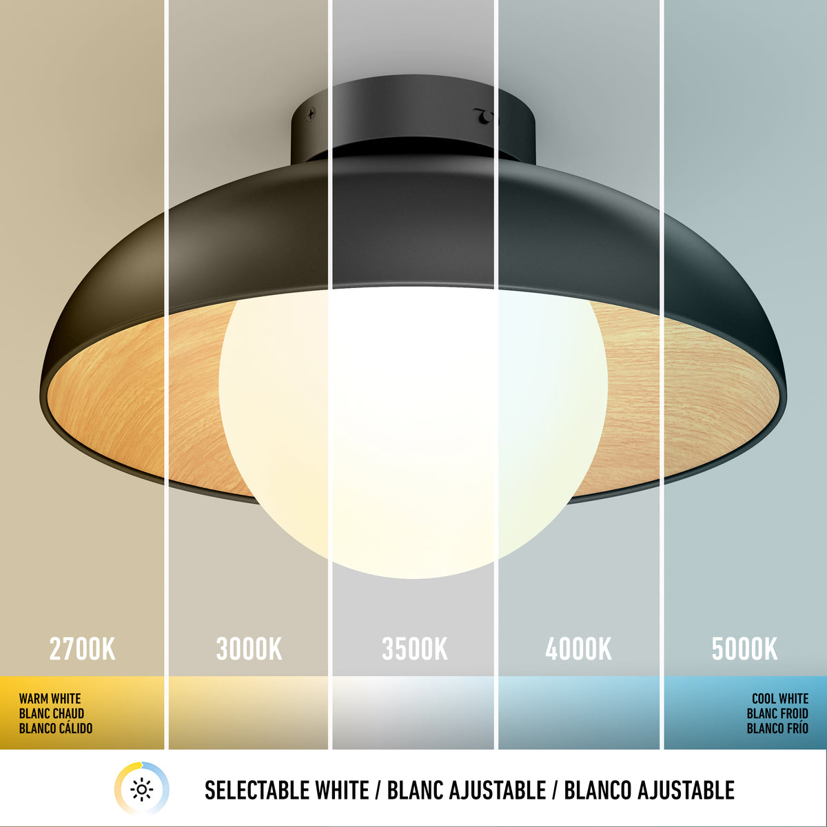 The Artika Boden LED flush mount light displays its bulb with five selectable white color temperatures—2700K, 3000K, 3500K, 4000K, and 5000K—ranging from warm to cool.