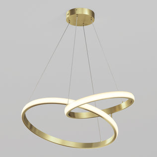 Artika Mora 28″ LED Pendant features two intersecting dimmable rings, suspended by cables from a round ceiling mount.