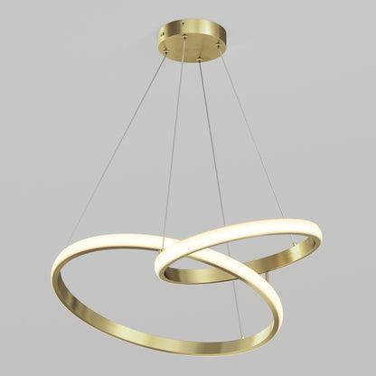 Artika Mora 28″ LED Pendant features two intersecting dimmable rings, suspended by cables from a round ceiling mount.