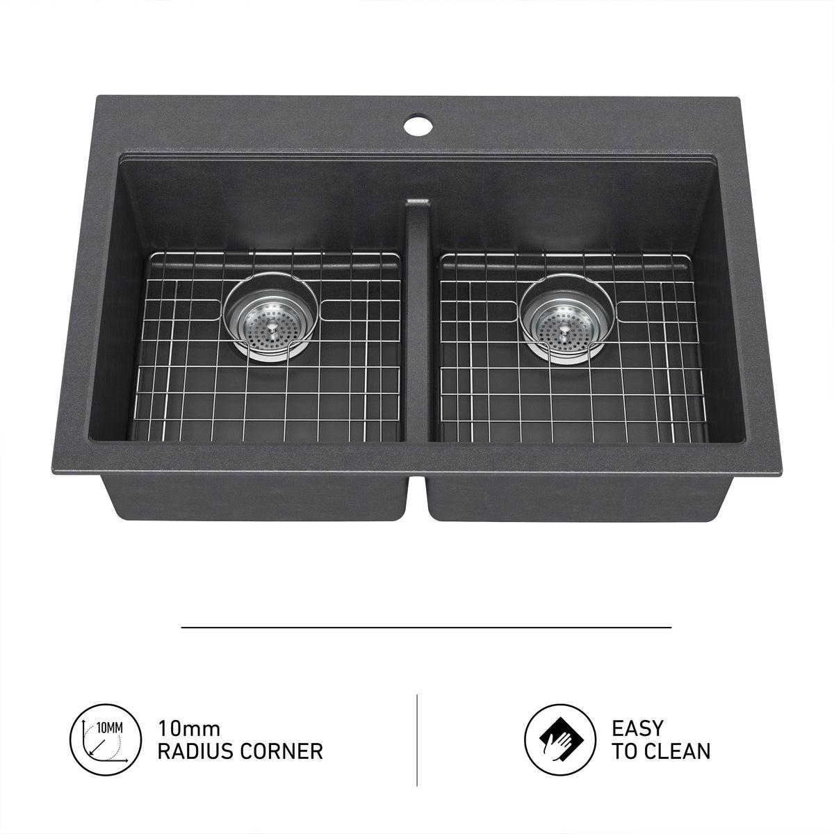 Artika Baycrest 33″ double bowl black kitchen sink, 10mm radius corners, comes with metal grids; easy to clean.