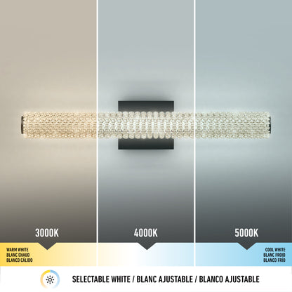 The Artika Exalto LED bathroom vanity light is shown wall-mounted with selectable white lighting in 3000K (warm), 4000K (neutral), and 5000K (cool), with labels in English, French, and Spanish.