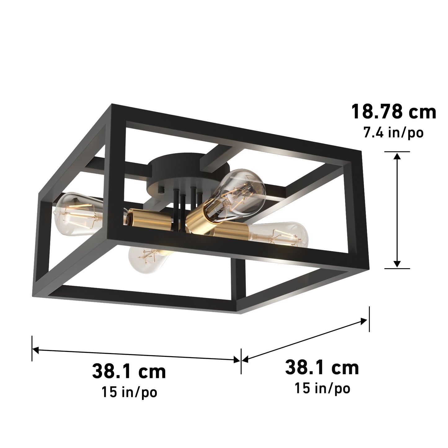 The Artika Princeton 4-light flush mount features a rectangular black and gold design with four exposed bulbs. It measures 38.1 cm (15 in) wide, 38.1 cm (15 in) long, and 18.78 cm (7.4 in) high.