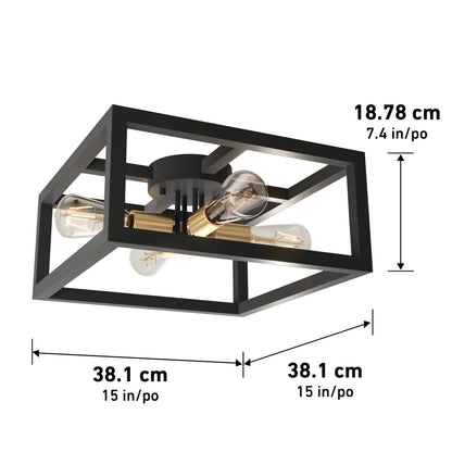 The Artika Princeton 4-light flush mount features a rectangular black and gold design with four exposed bulbs. It measures 38.1 cm (15 in) wide, 38.1 cm (15 in) long, and 18.78 cm (7.4 in) high.