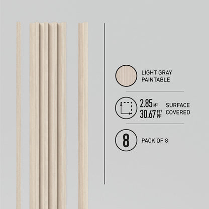 Five vertical Artika Panolok wall panels are shown in light gray paintable finish. The kit covers 2.85 m² (30.67 ft²) and includes 8 panels per pack.