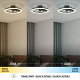 Three side-by-side images of a ceiling fan with a light, each showing different light temperatures: warm white (2700K), neutral white, and cool white (6000K). Text below labels the color temperatures and tunable white feature.