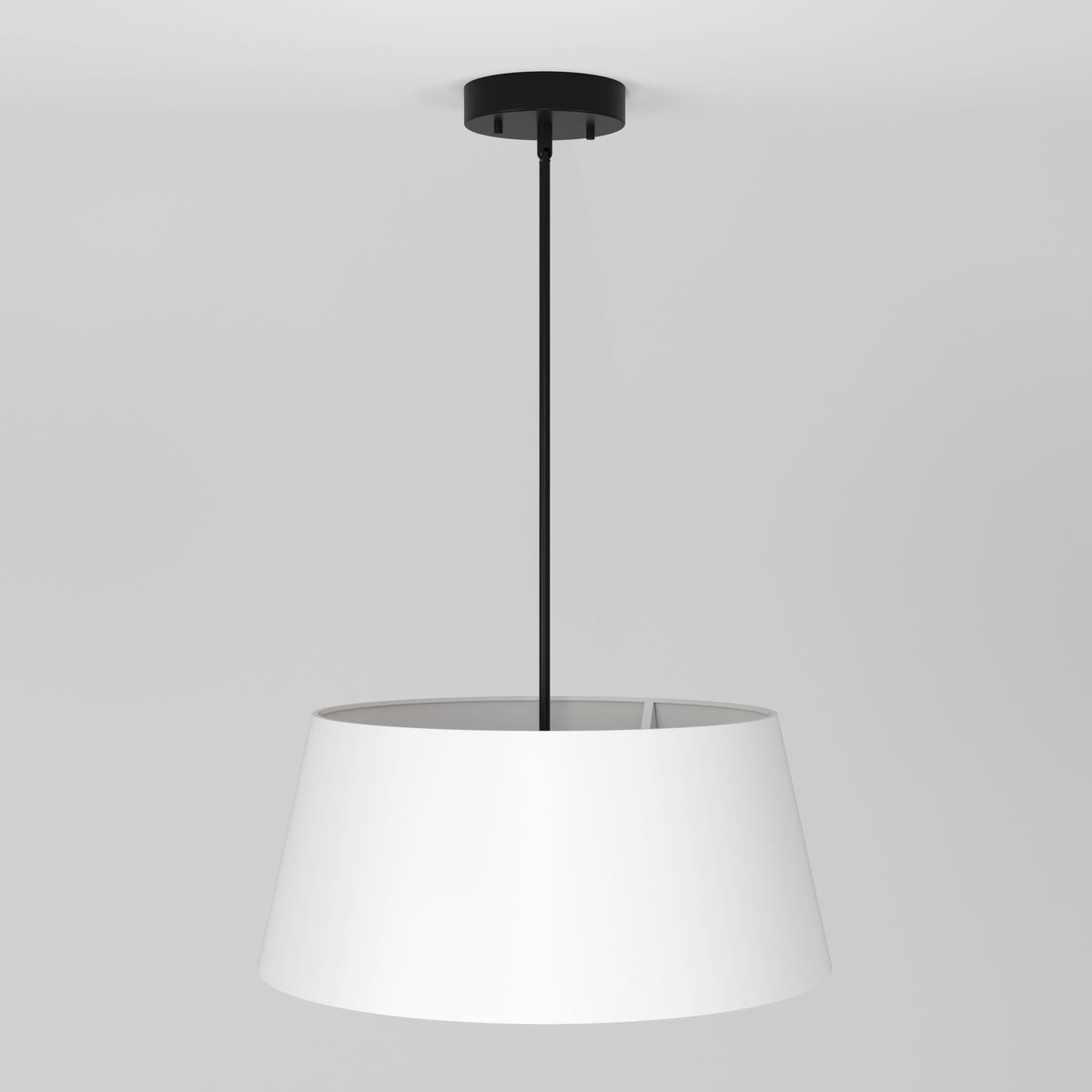 The Artika Cappa LED pendant light 3 CCT features a wide white cylindrical shade suspended from a black cord and ceiling mount, shown against a plain white background.