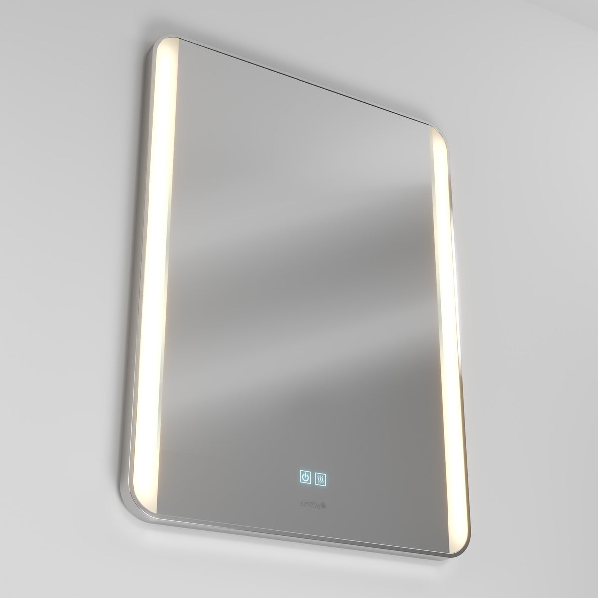 A rectangular, wall-mounted smart mirror with rounded edges, illuminated vertical LED light strips on both sides, and touch-sensitive control icons displayed on the lower front surface.
