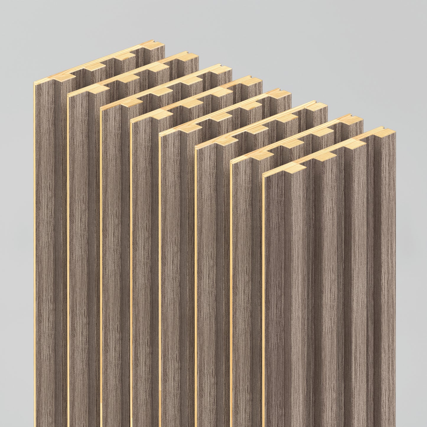 The Artika Panolok 30.67 ft wall panel kit (pack of 8) features vertical wooden slats in alternating light and dark finishes, arranged in parallel with gaps, creating a geometric pattern against a gray background.