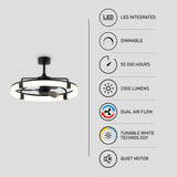 Modern ceiling fan with ring-shaped LED light and black hardware on the left; on the right, icons and text highlight features: LED integrated, dimmable, 50,000 hours, 2300 lumens, dual air flow, tunable white, quiet motor.