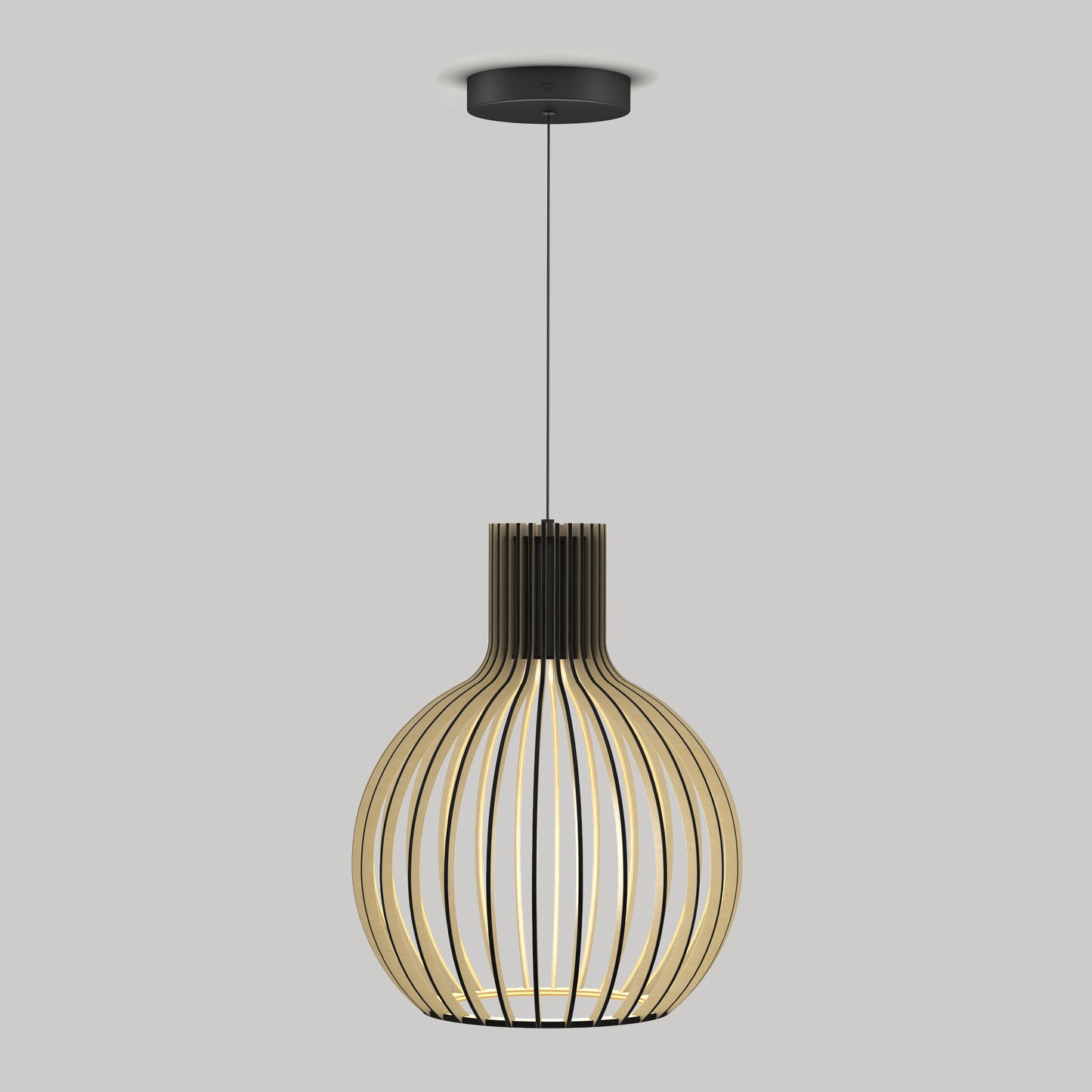 The Artika Tomi LED Pendant Light 3 CCT features a modern, round open wooden slat design and hangs from a black ceiling mount, shown here against a plain gray background.