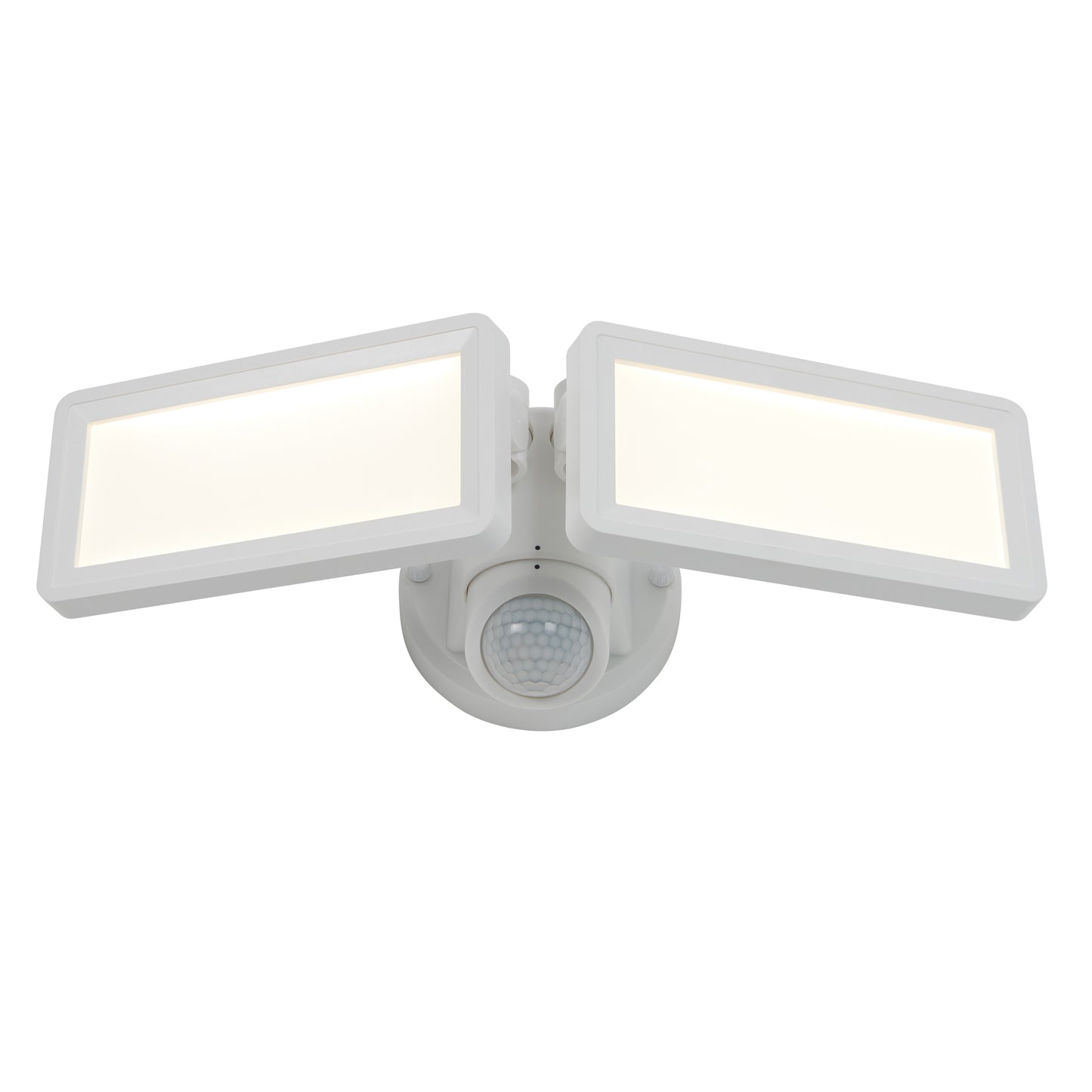 The Artika Sentinel outdoor Flat Panel Security light is a white LED floodlight with two adjustable rectangular panels and a central round motion sensor, all mounted on a circular base.