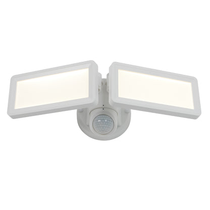 The Artika Sentinel outdoor Flat Panel Security light is a white LED floodlight with two adjustable rectangular panels and a central round motion sensor, all mounted on a circular base.