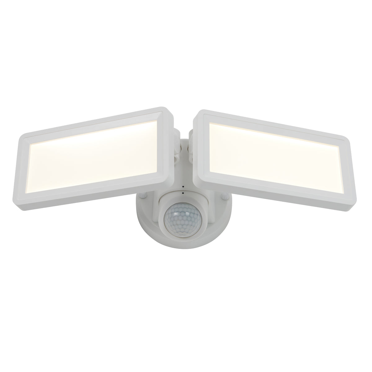 The Artika Sentinel outdoor Flat Panel Security Light features a white finish, two rectangular adjustable LED panels, a central round motion sensor, and mounts on a circular base.