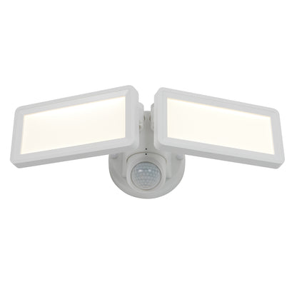 The Artika Sentinel outdoor Flat Panel Security Light features a white finish, two rectangular adjustable LED panels, a central round motion sensor, and mounts on a circular base.