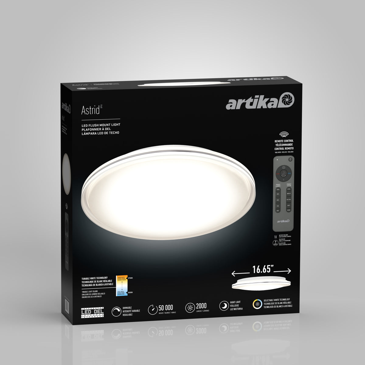 A black box for the Artika Astrid LED flush mount light, showing a bright circular light image on the front, remote control on the side, and features like 16.65 size, 50,000-hour lifespan, and 2,000 lumens.