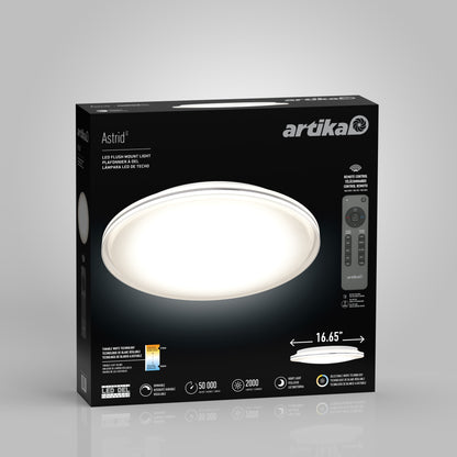 The Artika Astrid 16.5 in. LED flush mount light features a glowing round design, remote control, 5 CCT options, 2,000 lumens brightness, and a 50,000-hour lifespan—all shown on the product box.