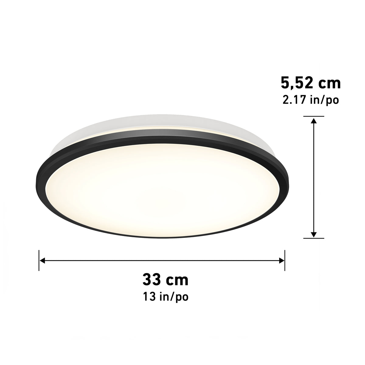 Round ceiling light fixture with a black rim, measuring 33 cm (13 in) in diameter and 5.52 cm (2.17 in) in height; dimensions are indicated with arrows and labels in both centimeters and inches.
