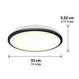 Round ceiling light fixture with a black rim, measuring 33 cm (13 in) in diameter and 5.52 cm (2.17 in) in height; dimensions are indicated with arrows and labels in both centimeters and inches.