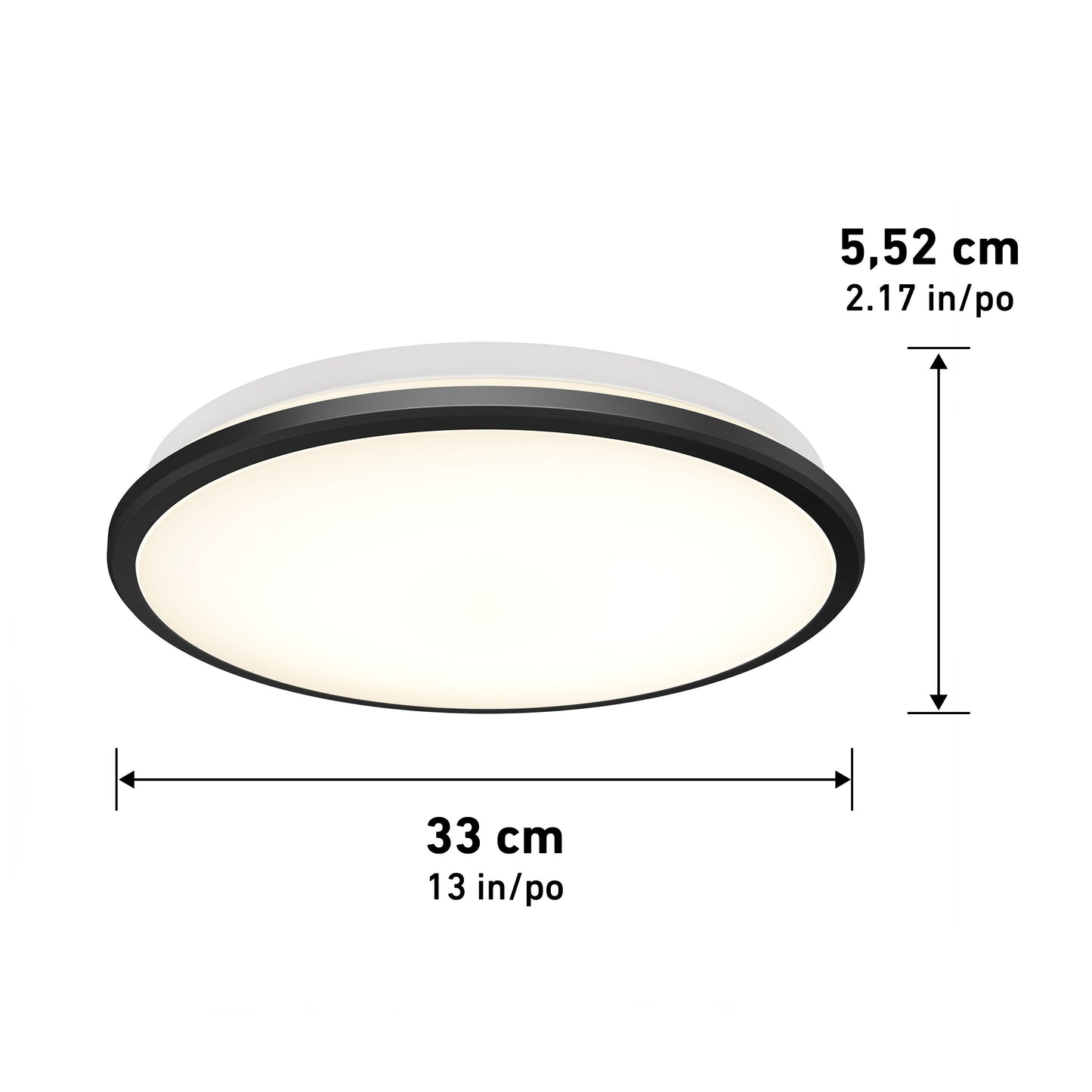 The Artika-CAN-dev Vera 13 in. LED modern flush mount light features a matte black band, measures 33 cm (13 in) diameter by 5.52 cm (2.17 in) high, shows labeled measurement arrows, and is LED dimmer compatible for adjustable brightness.