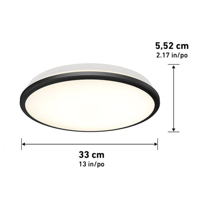The Artika-CAN-dev Vera 13 in. LED modern flush mount light features a matte black band, measures 33 cm (13 in) diameter by 5.52 cm (2.17 in) high, shows labeled measurement arrows, and is LED dimmer compatible for adjustable brightness.