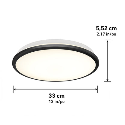 Artika Vera 13 in. LED modern flush mount light features a black rim and measures 33 cm (13 in) in diameter by 5.52 cm (2.17 in) high, emitting a soft, even glow.