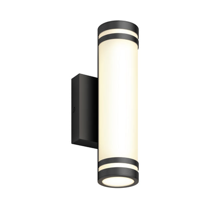 The Artika Bradley modern LED indoor-outdoor wall light 3 CCT is a cylindrical sconce with a black base, frosted white diffuser, and black accents on both ends, shown mounted against a white background.