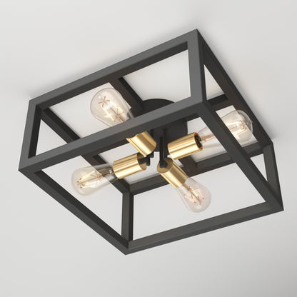 The Artika Princeton 4-light flush mount features four exposed bulbs, gold accents, and a black geometric metal frame, installed flush against the ceiling.