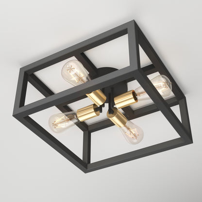 The Artika Princeton 4-light flush mount features a black square metal frame, gold accents, and four exposed bulbs, installed flush against a white ceiling.