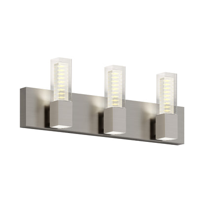 The Artika Hologram LED modern bathroom vanity light 5 CCT features three rectangular LED lights on a brushed metal base, each housed in clear acrylic, perfect for stylish wall-mounted illumination.