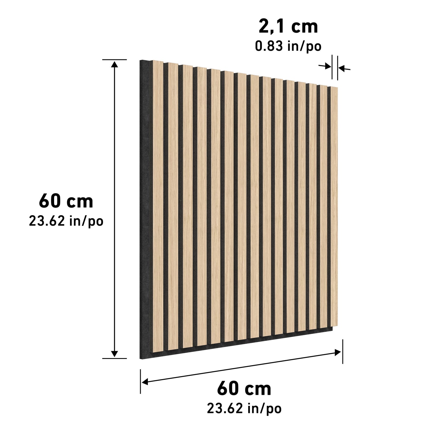 The Sonolok 15.5 ft sound-absorbing wall panel kit by Artika-CAN-dev is shown as a square wooden panel with vertical black slats, measuring 60 x 60 cm (2.1 cm thick). Dimensions are highlighted with arrows.