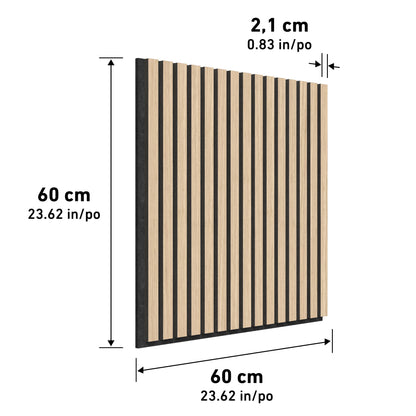 The Sonolok 15.5 ft sound-absorbing wall panel kit by Artika-CAN-dev is shown as a square wooden panel with vertical black slats, measuring 60 x 60 cm (2.1 cm thick). Dimensions are highlighted with arrows.