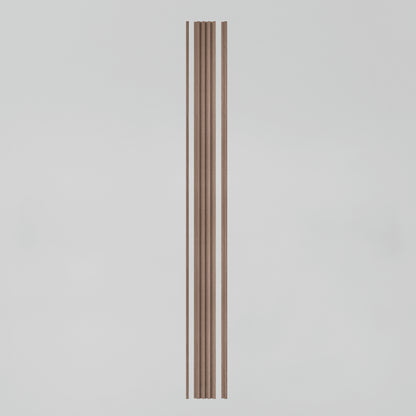 The Artika Panolok 30.67 ft wall panel kit (pack of 8) features narrow, vertical oak-finish panels with three evenly spaced grooves, inspired by Scandinavian design, shown against a plain light background.