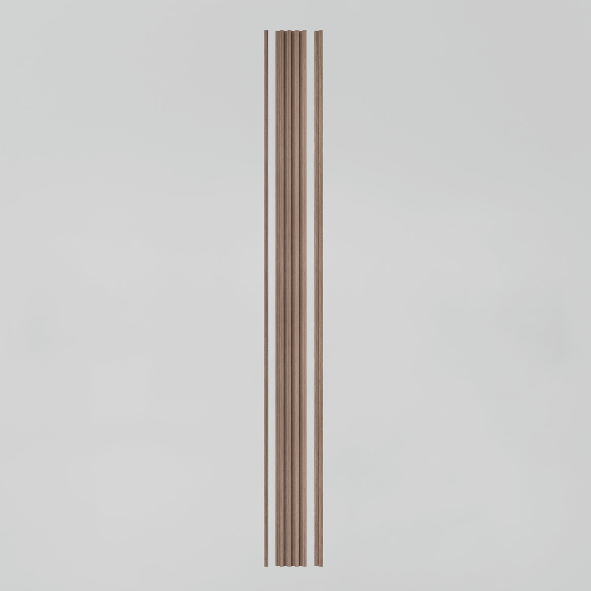 A vertical wooden slat with four narrow ridges, set against a plain light gray background.