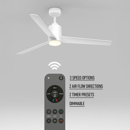 The Artika Ellison 52 in. LED modern ceiling fan features three white blades, a dimmable built-in light, and includes a remote for three speeds, reversible airflow, two timer presets, and adjustable lighting.