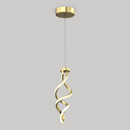 A gold modern pendant light with a twisted, ribbon-like design hangs from a round ceiling mount against a plain gray background.