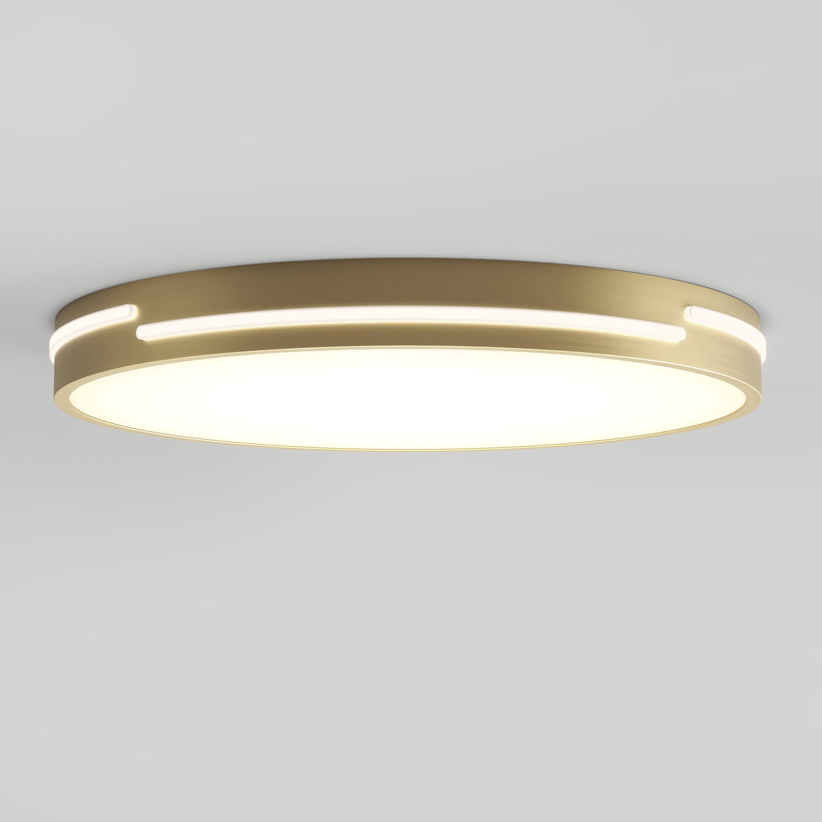 The Artika Delray 15.7 in. LED modern flush mount light features a round, flat design with a gold rim and soft white glow, shown against a plain light gray background. Offers 5 selectable color temperatures for versatile lighting.