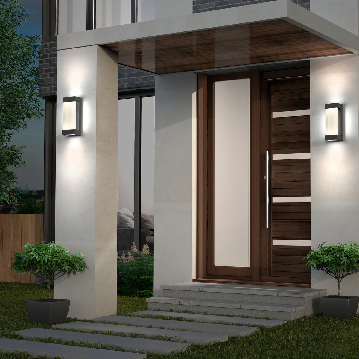 Modern house entrance with a wooden door featuring horizontal glass panels, concrete steps, potted plants on each side, a small front lawn, and Artikas Glacier indoor-outdoor LED wall lights mounted on the wall.