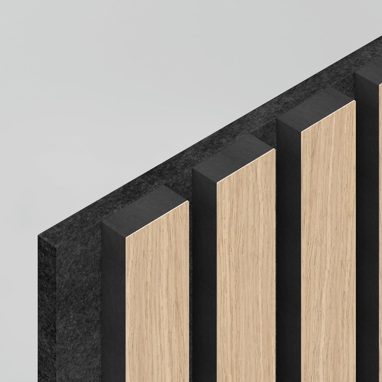 A close-up of the Artika-CAN-dev Sonolok 15.5 ft sound-absorbing wall panel kit, showcasing alternating vertical strips of light wood and black material in a repeating pattern against a light gray background.