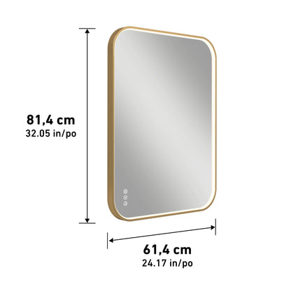 The Artika Royce Dimmable LED Mirror features a gold frame, rounded corners, and measures 81.4 cm by 61.4 cm. Three touch controls at the bottom left offer easy access to settings like the defogger and adjustable color temperature.