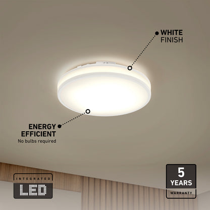 The Artika Hemisphere 15 in. LED flush mount light is shown illuminated, featuring a sleek white finish, energy-efficient integrated LED, 5 selectable color temperatures (CCT), and a 5-year warranty.