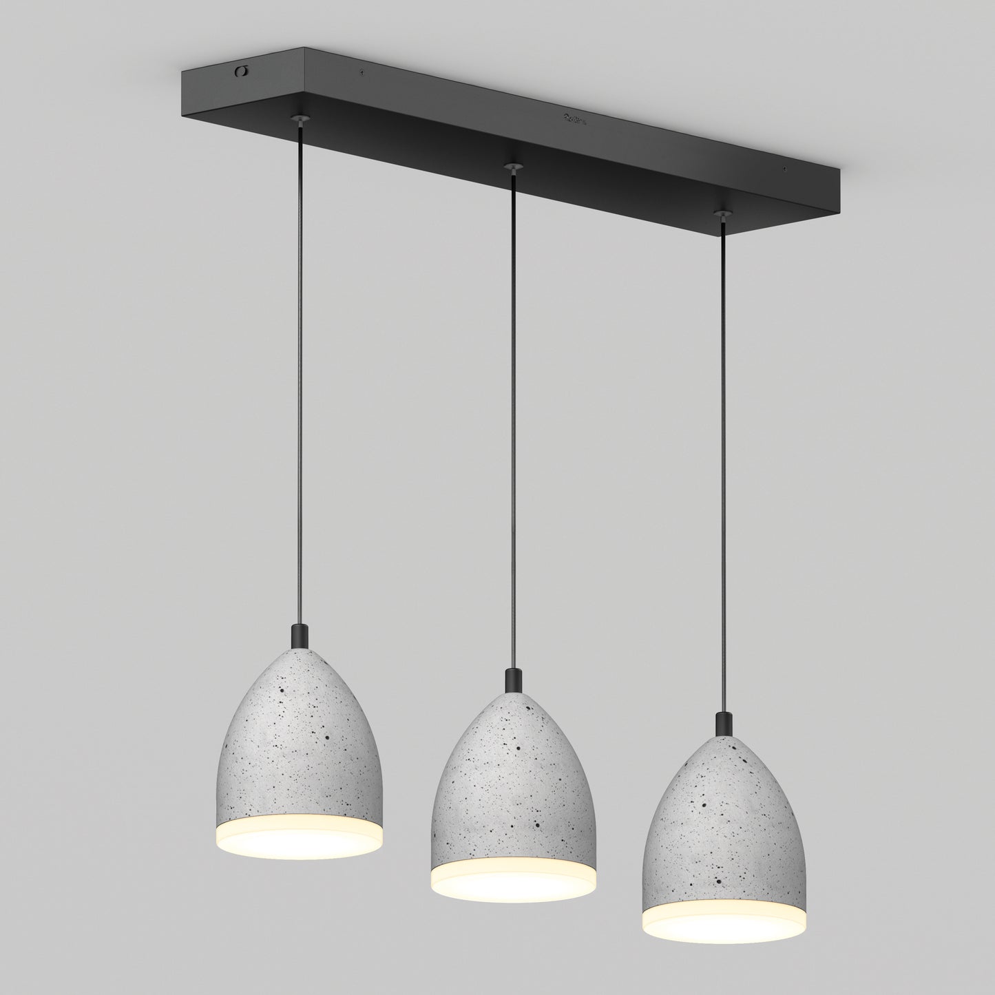 The Artika Bergen 3-light LED pendant features three gray, dome-shaped lamps hanging in a row from a sleek rectangular black base, providing evenly spaced soft white illumination.