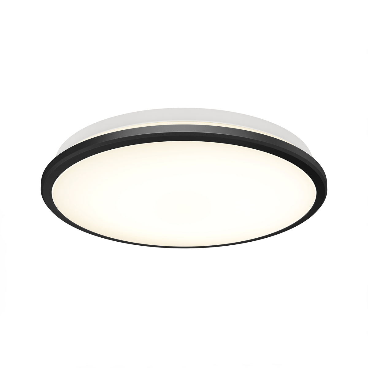 A modern, circular ceiling light fixture with a black trim and a frosted white diffuser, illuminated against a plain white background.