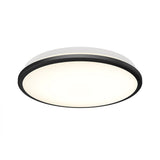 A modern, circular ceiling light fixture with a black trim and a frosted white diffuser, illuminated against a plain white background.