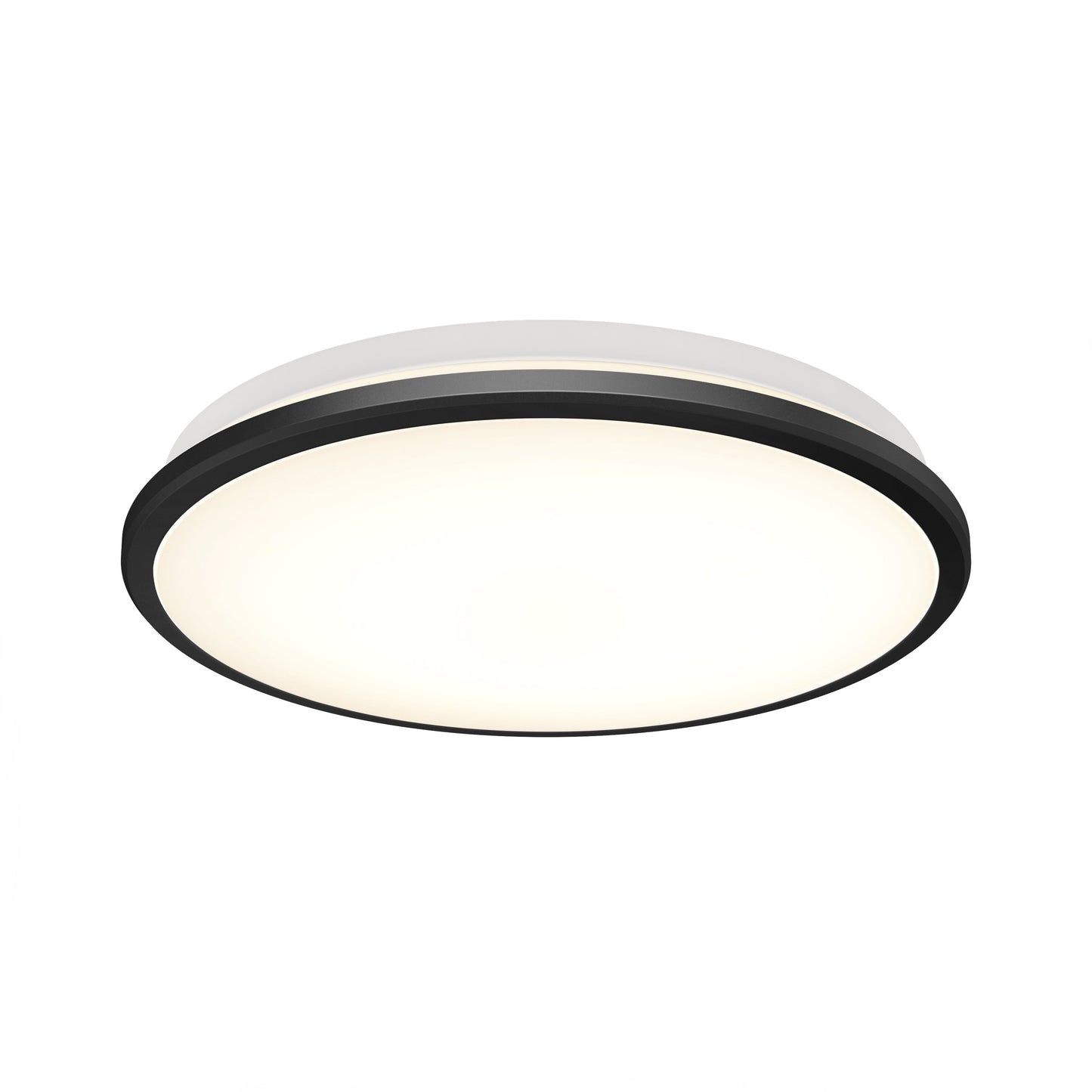The Vera 13 in. LED modern flush mount light by Artika-CAN-dev features a round design with a matte black border and white frosted diffuser, is LED dimmer compatible, and is shown elegantly mounted against a plain white background.