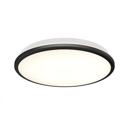 The Vera 13 in. LED modern flush mount light by Artika-CAN-dev features a round design with a matte black border and white frosted diffuser, is LED dimmer compatible, and is shown elegantly mounted against a plain white background.