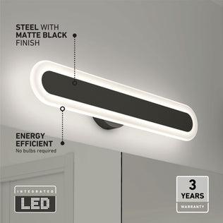 The Artika Pista modern LED bathroom vanity light 5 CCT features a matte black steel finish, energy efficiency, soft glow, integrated LED with 3-year warranty—offering an elegant touch to any space.