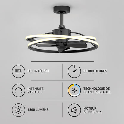 Artika Coda 23″ LED fandelier: circular light, 1800 lumens, dimmable, remote control, silent motor—modern ceiling fan with long life.